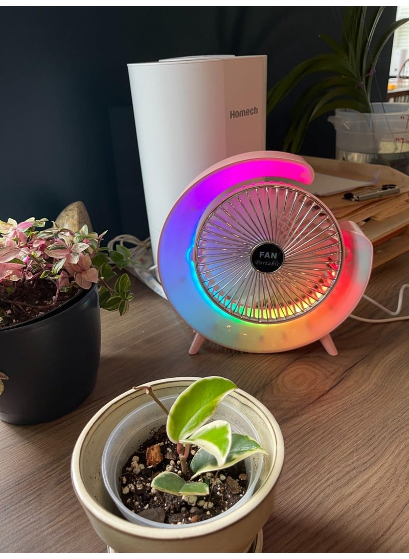 Multicolor LED Desktop Fan - 180° Rotatable Portable Personal Fan with 5 Lighting Modes - 3-Speed Quiet USB Rechargeable Table Fan for Home, Office, Bedroom & Travel - Image 2